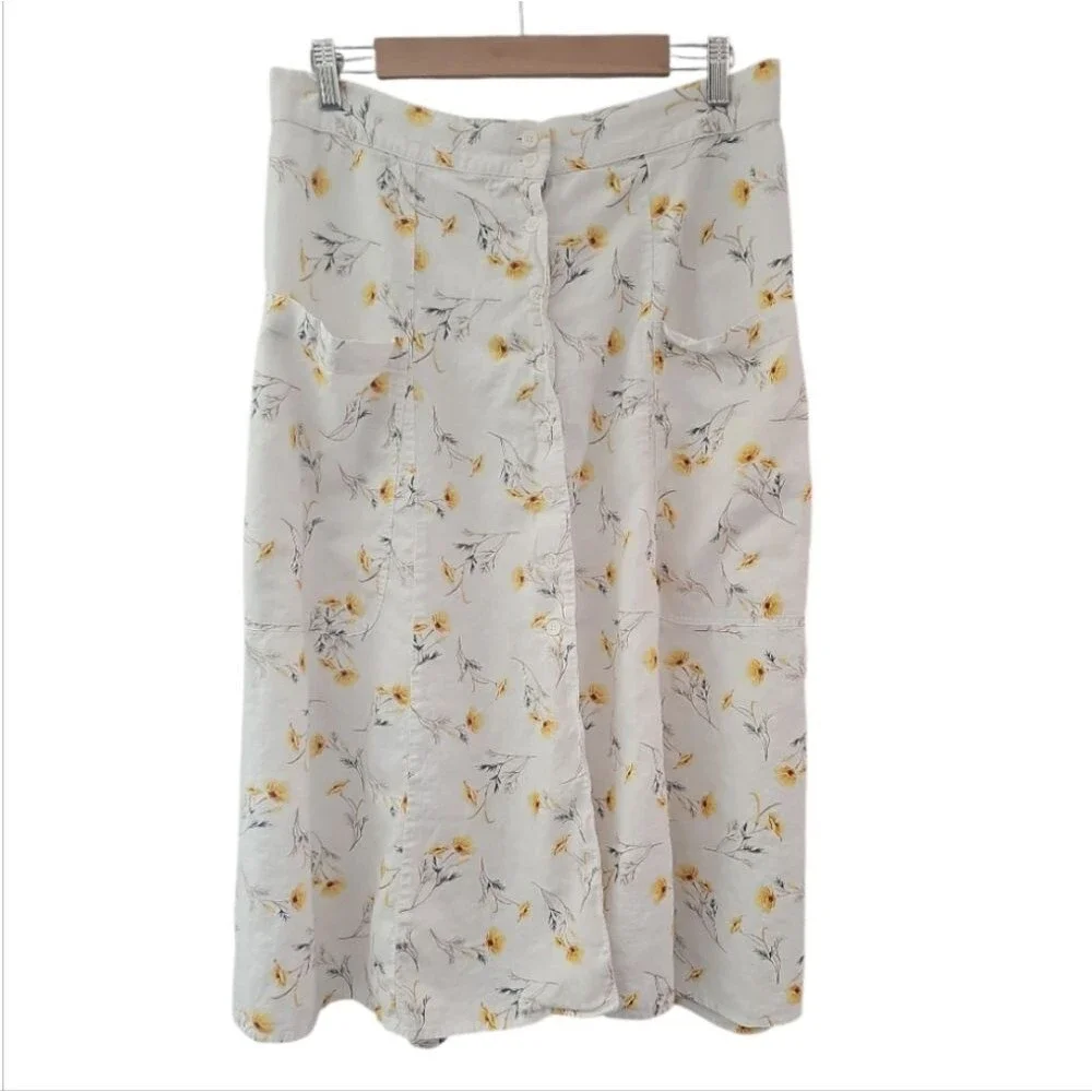 Happy Nature Linen Blend Floral Skirt Women’s 14 Cream Yellow Midi Cottagecore